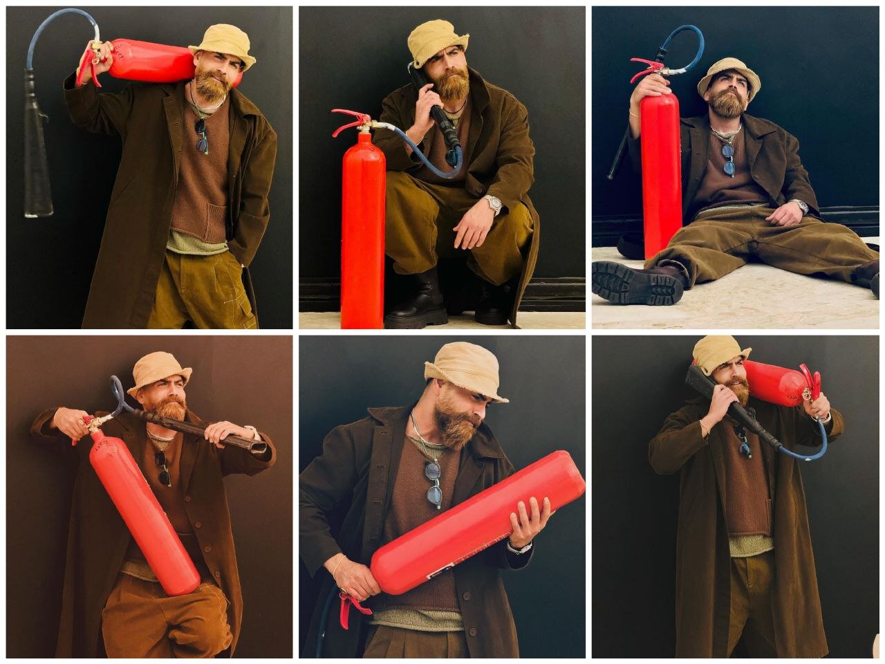 عکس | استایل و ژست عجیب معین زندی با کسپول آتش نشانی