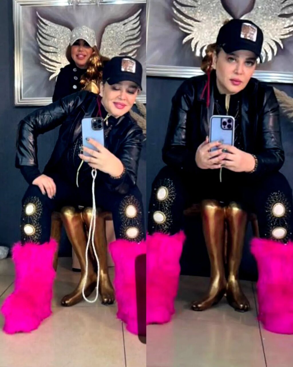 عکس | استایل عجیب بهاره رهنما در مزون لباس؛ بوت‌های پشمی صورتی!