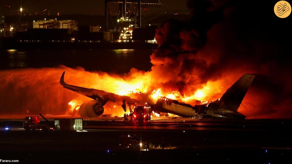 (تصاویر) یک هواپیما با ۳۷۶ مسافر روی باند فرودگاه آتش گرفت