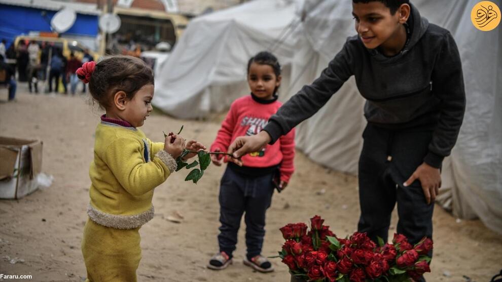 (تصاویر) پسر غزه‌ای به آوارگان گل می‌فروشد