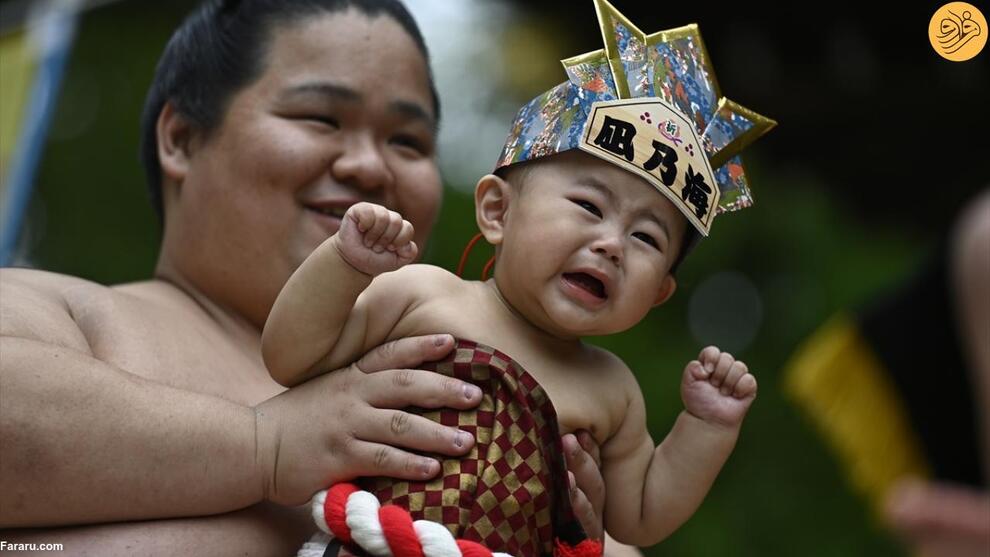 (تصاویر) تلاش کشتی‌گیران غول پیکر برای درآوردن گریه نوزادان